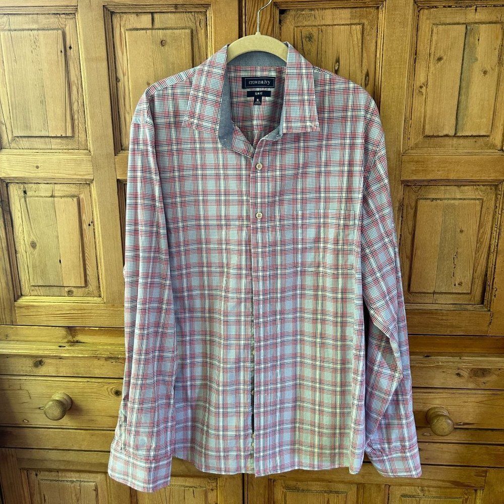Men's Crown & Ivy XL Slim Fit Blue Red‎ White Long Sleeve Button Front Shirt